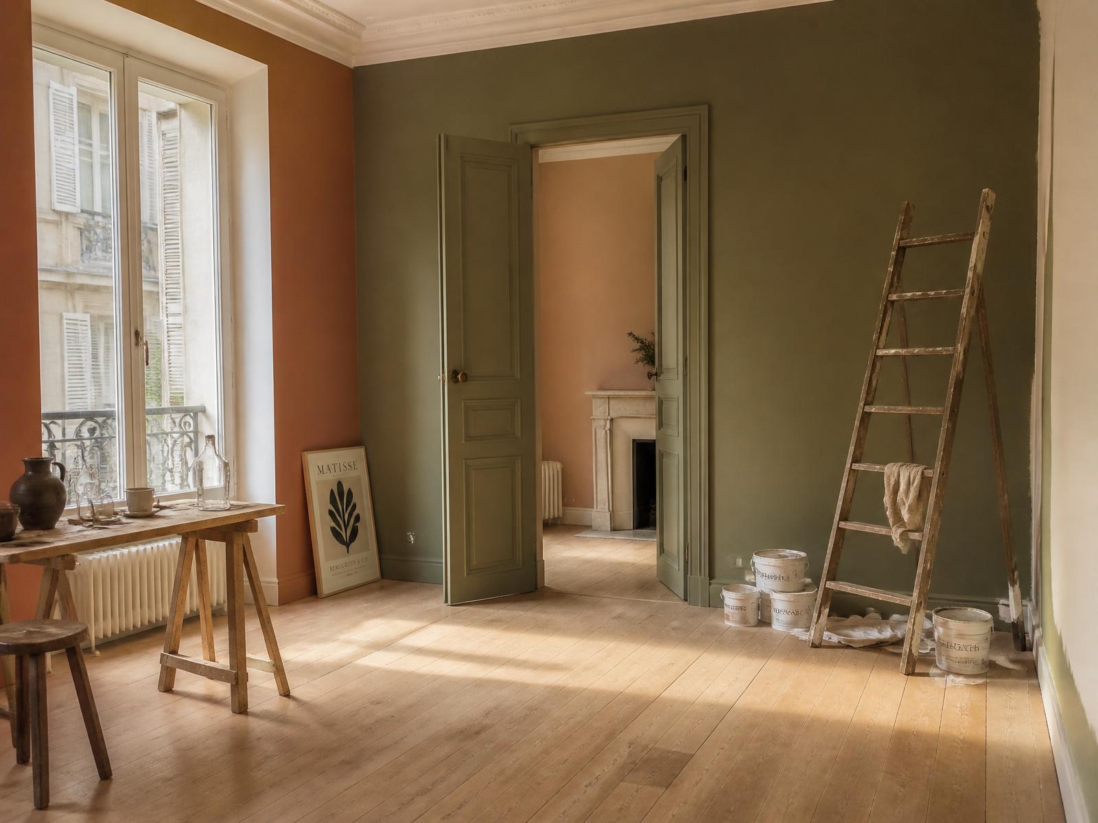 Salon d'un appartement ancien en cours de rénovation, murs terracotta et vert olive